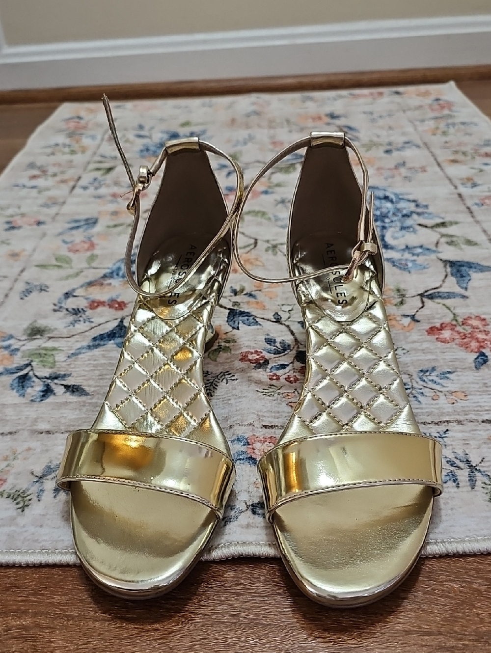 AEROSOLES Metallic Gold Quilted Ankle-Strap Sandals